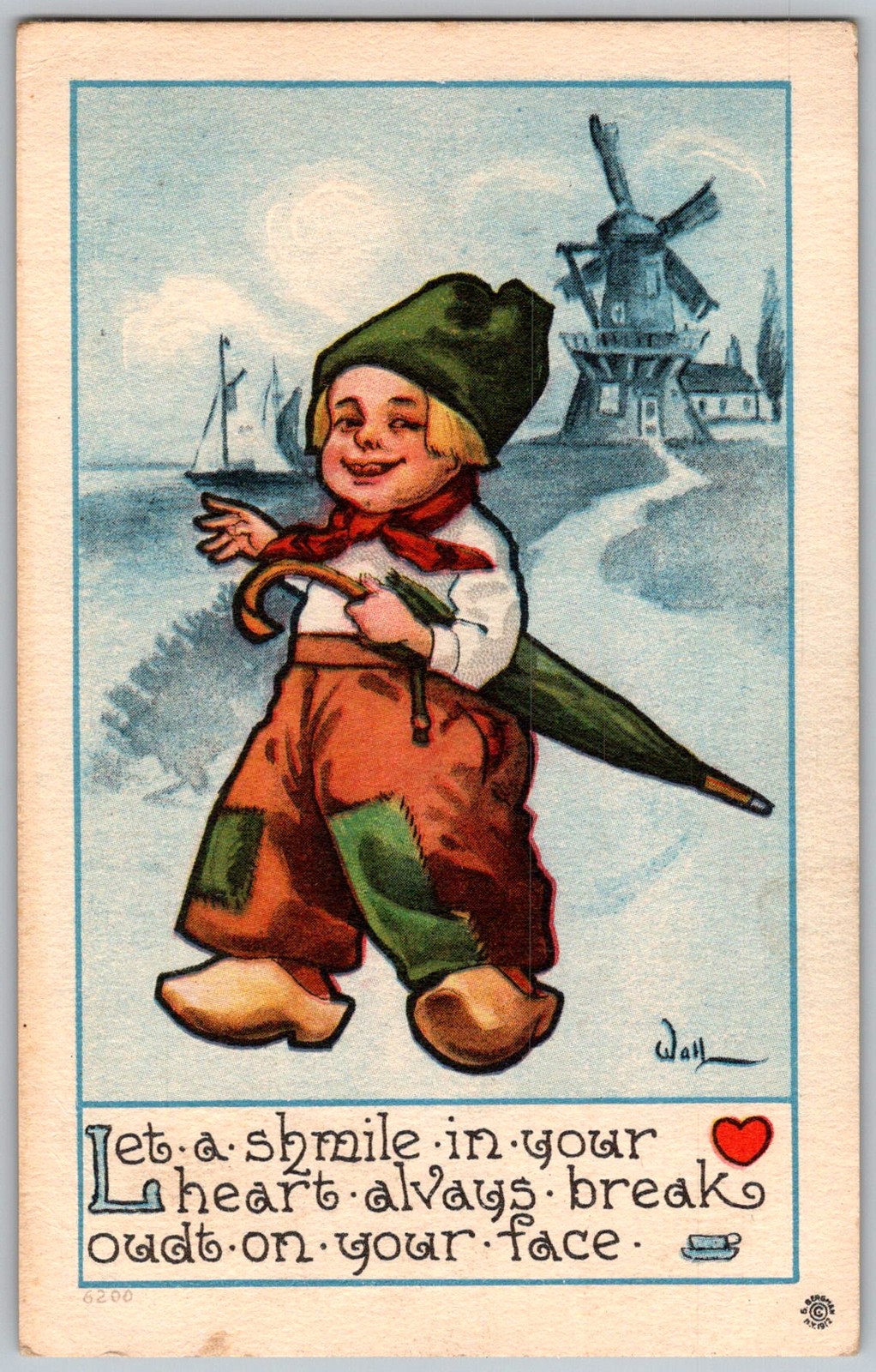 Antique Postcard Dutch Boy Umbrella Windmill 1910s