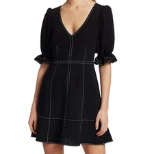 Cinq a Sept Riley Black Puff Sleeve Fit and Flare Dress Size 10 Contrast Stitch