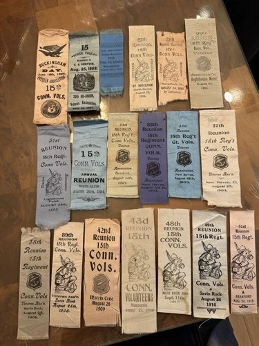 Rare 19 Connecticut Civil War Veteran Reunion Ribbons 15th Regiment