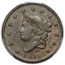 1818 Coronet Head Large Cent, N-6, PCGS AU55