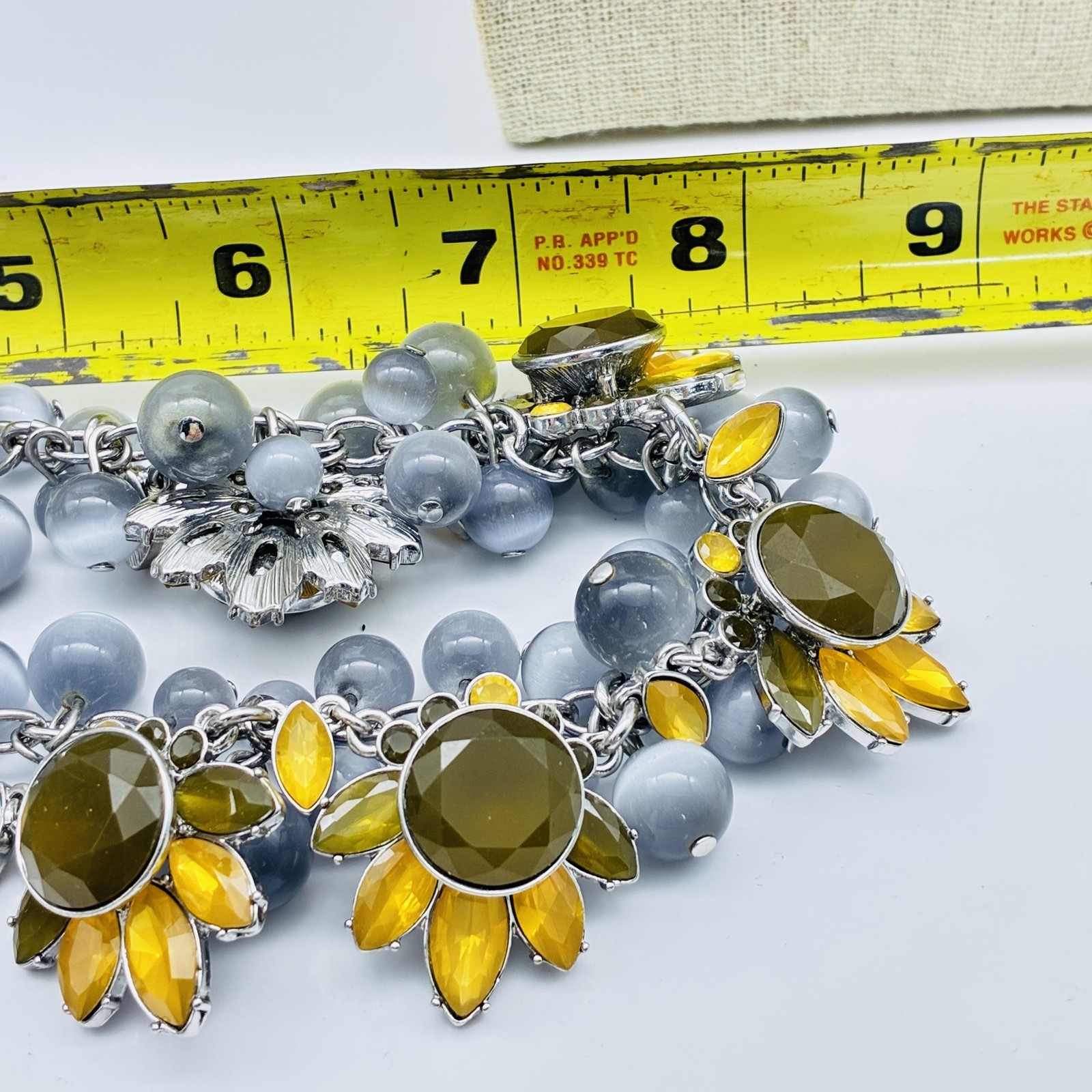 TALBOTS Statement Necklace Gray Beaded Flower Sil… - image 3