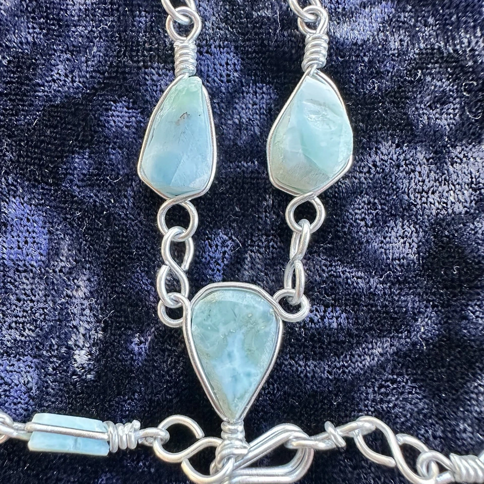 Collar Larimar Artesanal Hecho a Mano Envuelto Boho Plata República Dominicana - 13" Foto 4 de 4