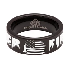 Tungsten Carbide Firefighter Axe American Flag Ring 8mm Wedding Band and Anni...