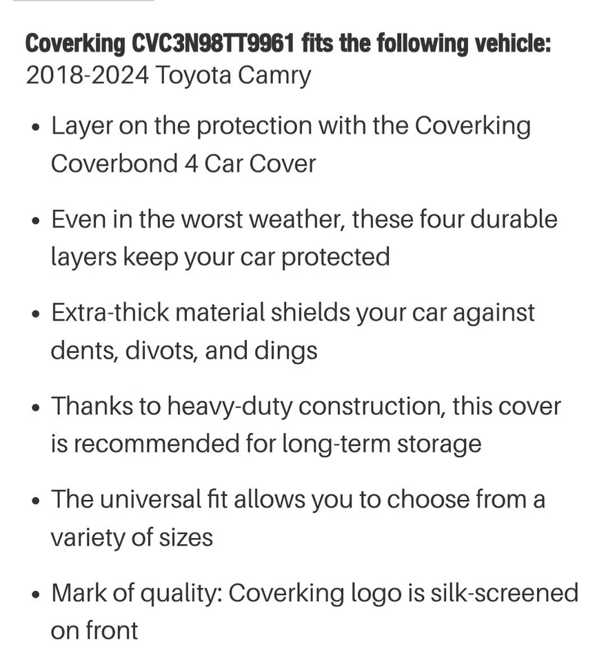 Cubierta de auto Coverking Coverbond 4 ajuste personalizado para Toyota Camry 2018-2024 nueva en caja Foto 4 de 4