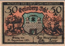 Notgeld Grünberg Schlesien, 6 Scheine 1921, Obst- und Weinstadt (Nr. 3107)
