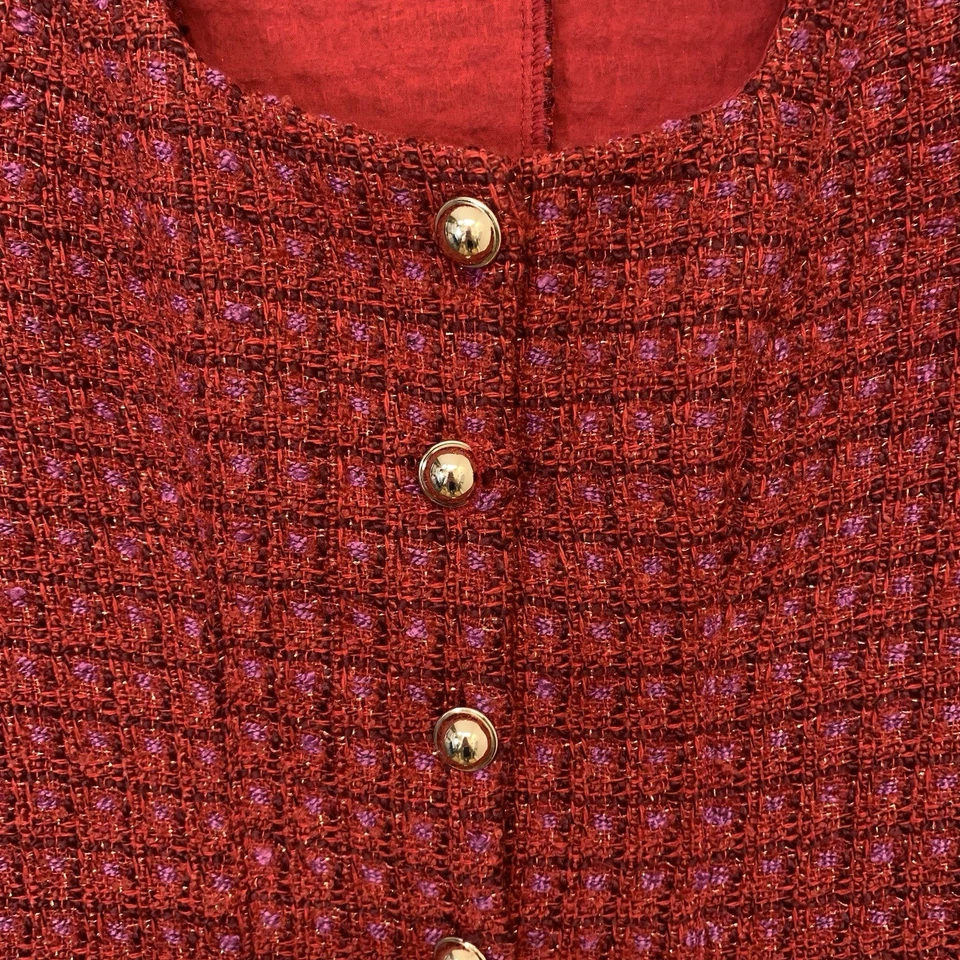 City Studio Red Tweed Metallic Mini Dress Jr 3/4 Button Front Square Neck Fitted - Image 2 of 4