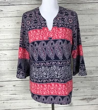 Kim Rogers Women's Pink Blue Paisley V-Neck 3/4 Bell Sleeve Stretch Top Size M