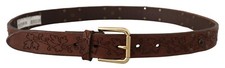 DOLCE & GABBANA Belt Brown Leather Floral Studded Metal Buckle Men 85cm / 34in