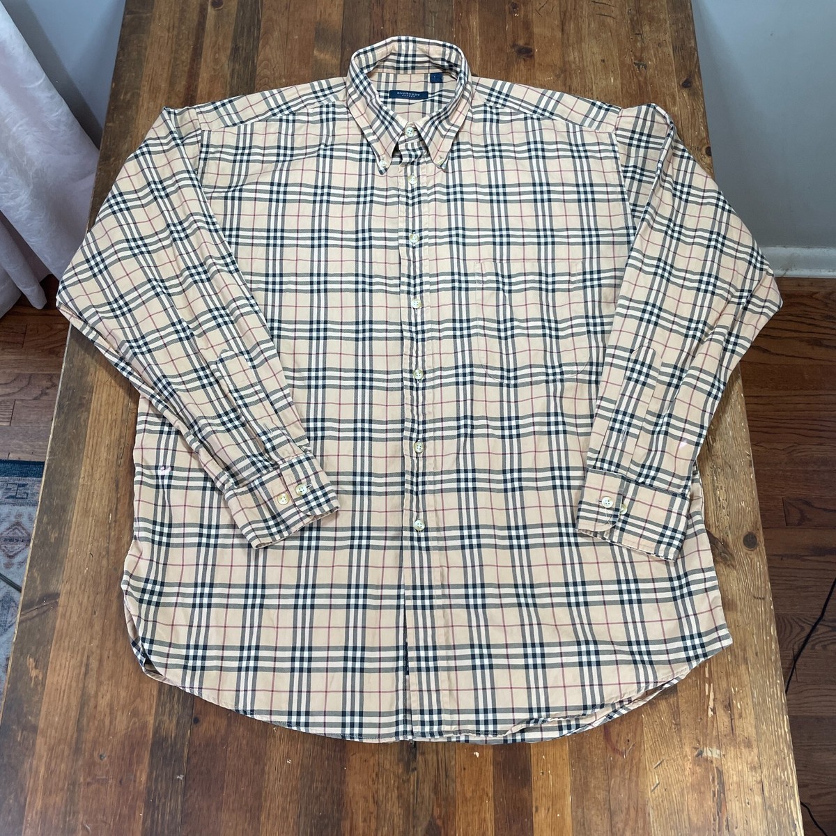 Burberry Shirt Mens Large Brown Plaid Button Up Casual Preppy London