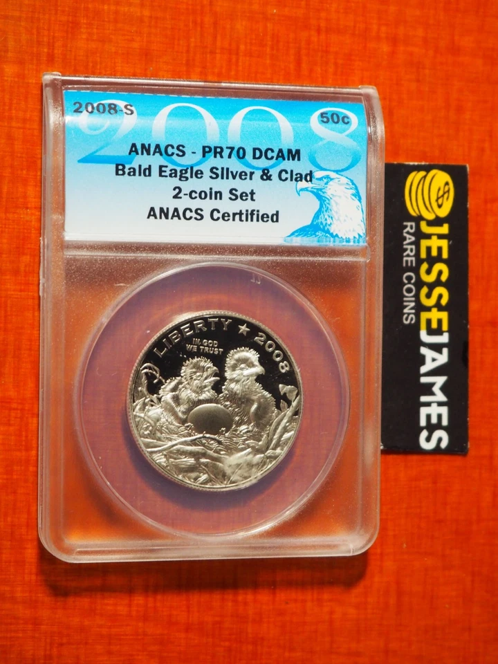2008 50C S & $1 P PROOF SILVER BALD EAGLE COMMEMORATIVE DOLLAR ANACS PR70 SET - Image 3 of 4