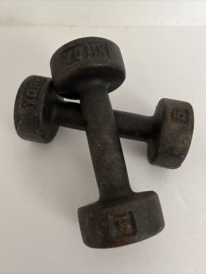 Vintage Pair Of York Dumbbell Weights 5 Lb Cast Iron Flat Bottom Roll Stop USA