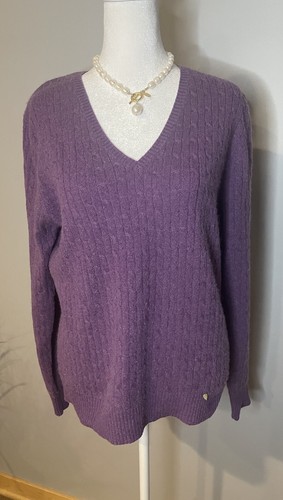 Tweeds 100% 2-Ply Cashmere V-Neck Cable Knit Sweater Women’s XL Purple