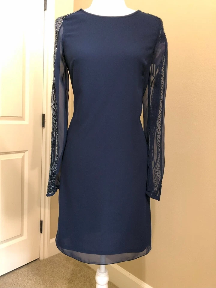 JS Collections Navy Beaded Sleeves Chiffon Dress NWT Size2 - Image 2 of 4