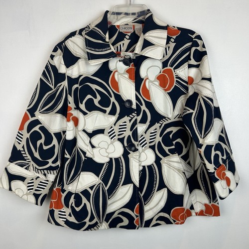 Chicos Blazer 1 Damen M Blumen Navy Orange Art To Wear Jacke Funky Artsy