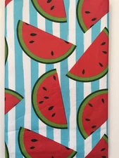 Summer Fun watermelon on Blue White Stripes Vinyl Flannel Back Tablecloth Elrene