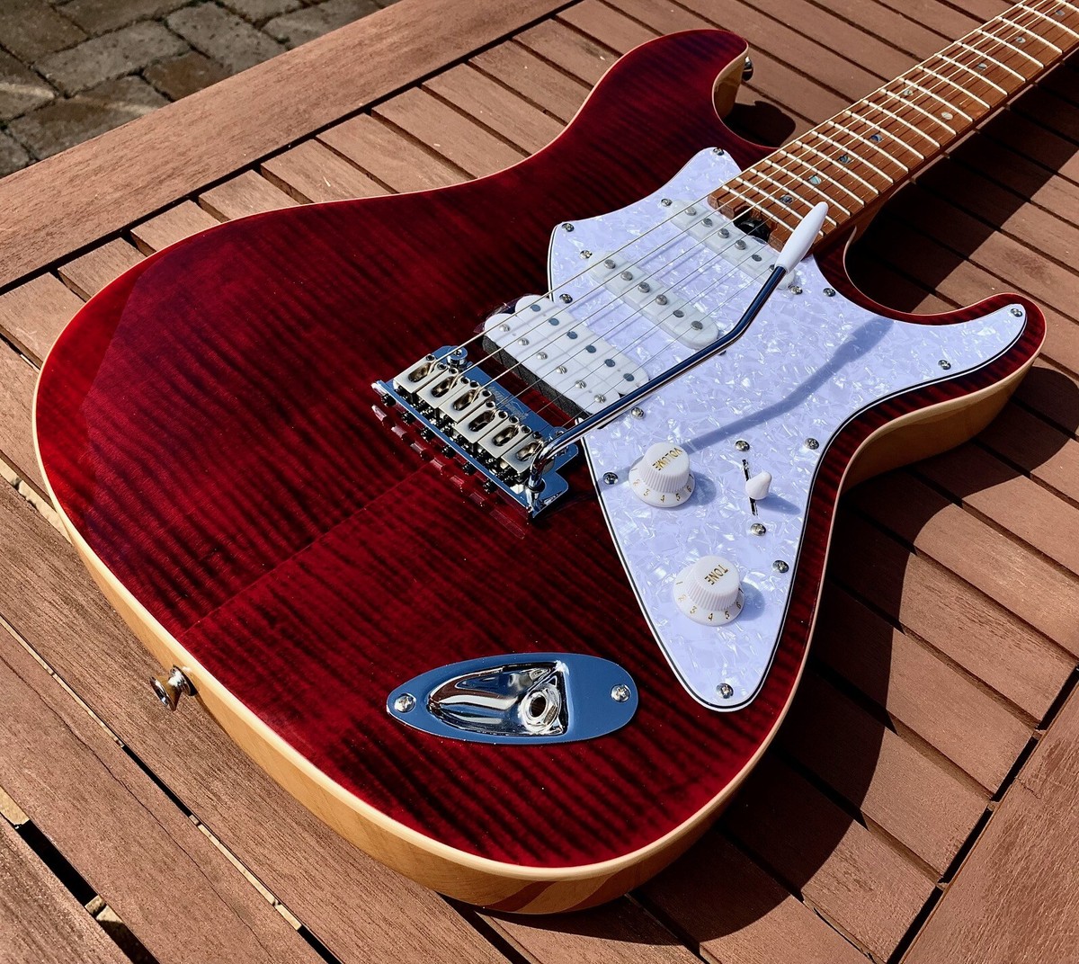 Aria Pro II 714-MK2 FULLERTON Ruby Red Flame Top HSS Guitar Aria Pro II 714-MK2 FULLERTON Ruby Red Flame Top HSS Guitar