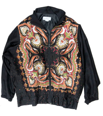 Sara Roberts Silk Jacket Sz Small Gorgeous Coat Black Printed Designer Vintage