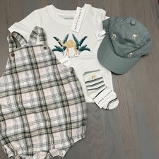 NWT Janie and Jack boy 4-piece camel green plaid romper hat SPRING SUMMER 12 18