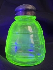Vintage Replacement Block Optic Green Uranium Vaseline Glass Shaker w/Lid Glows