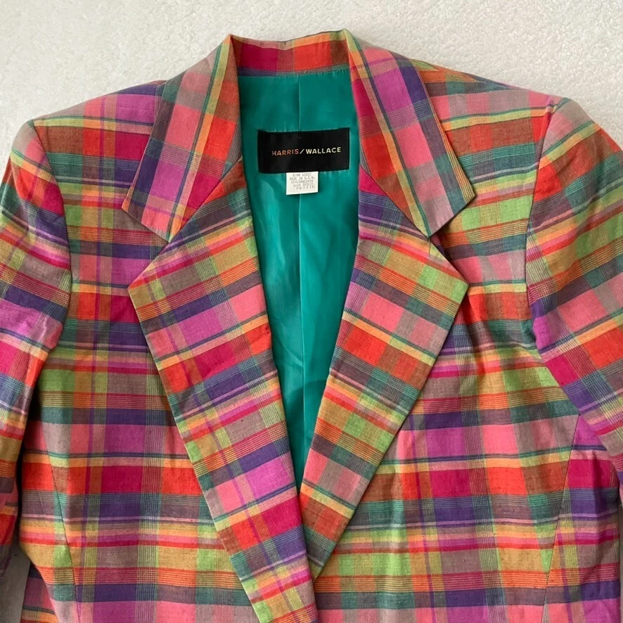 Vtg Harris Wallace Plaid Blazer Jacket Small Petite Padded Shoulder Lined - Image 3 of 4