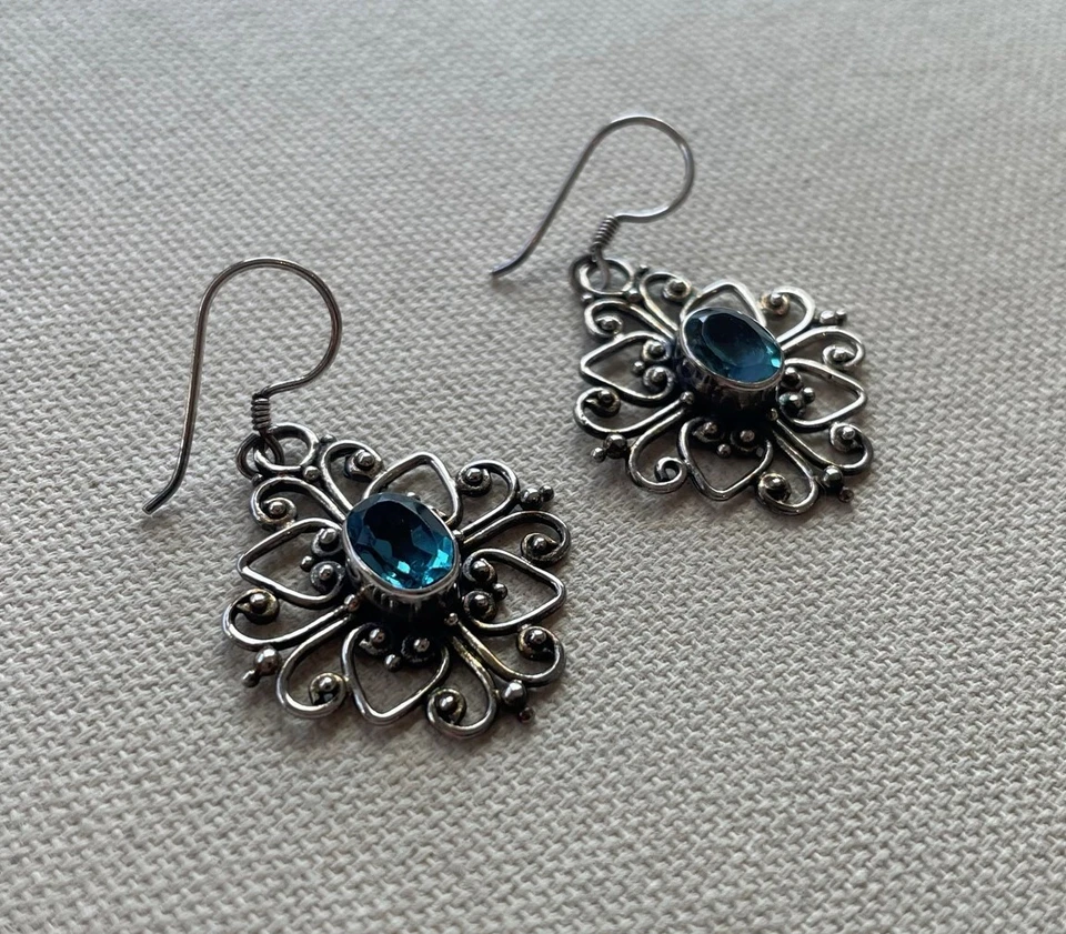Elegant Caviar Dangle Earrings Sterling Blue Topaz Celtic Gothic Steampunk 1.5" - Image 3 of 4