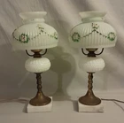 Antique Pair of Hand Painted Milk Glass Lamps w/marble Brass Base