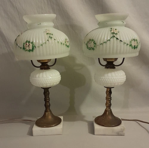 Antique Pair of Hand Painted Milk Glass Lamps w/marble Brass Base