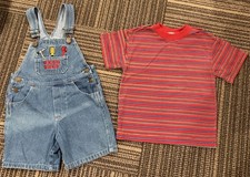 Kids Size 4t Denim Overalls Workshop KHQ Stripped Red Shorts Adjustable Straps