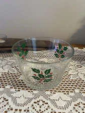 VINTAGE INDIANA GLASS CO HOLLY BERRY HOLIDAY SERVING BOWL/ICE BUCKET 7” X 4” USA