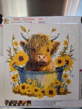 Completed Diamond Art 30x30cm Baby Highland Calf Sitting in a metal bucket