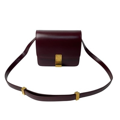 Auth CELINE Classic Box Small Shoulder Bag Bordeaux Leather Gold Hardware Italy