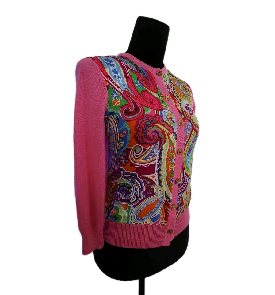 Cárdigan Vintage Años 90 Paisley Ralph Lauren Seda Cachemira Rosa Talla P Pequeño Foto 2 de 4
