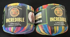 2 skeins~Lion Brand Incredible Ribbon Yarn~Rainbow #201 & City Lights #203
