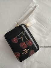 Coach CDF99 Zip Card Case With Cherry Print Gold/Black Multi