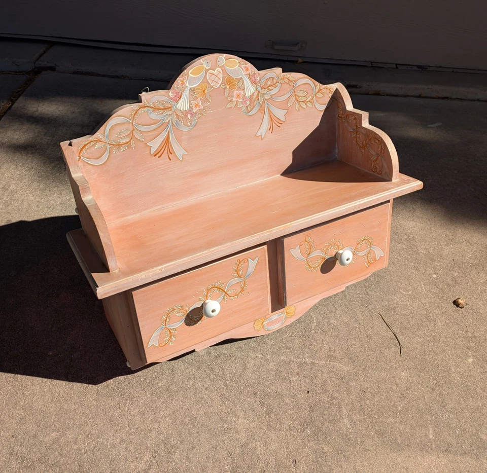 Vintage Cottage Boho Shabby Chic Pink Hand Painted Wall Shelf Curio Drawers J43 - Image 4 of 4