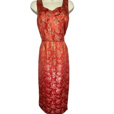 Vintage 60s Brocade Metallic Maxi Column Sleeveless Floral Cocktail Dress Sz S