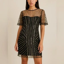 Jen's Pirate Booty Sequin Mesh Mini Dress XS Black Gold Art Deco Cocktail