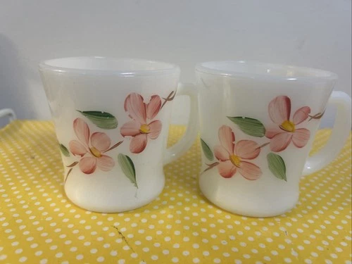 Fire King Peach Blossom Mugs Cups Anchor Hocking Vintage Milk Glass Flowers Pair