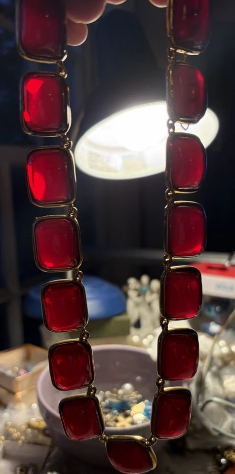 KJL Kenneth Jay Lane Rubí Rojo Jalea Cabujón Bisel Dorado Eslabón Collar 17” a 20” Foto 3 de 4