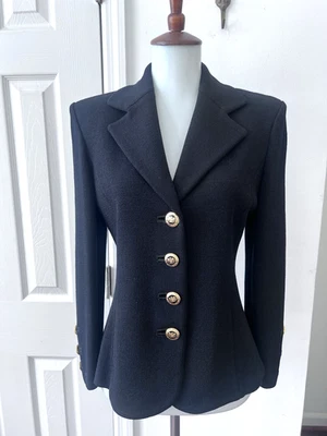 St. John Basics Black Santana Knit Jacket Gold Crest Buttons Woman's Size 2