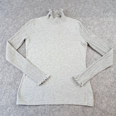 CeCe Sweater Womens Small Gray Ruffle Mock Neck Ribbed Sleeve Pullover Knit Top