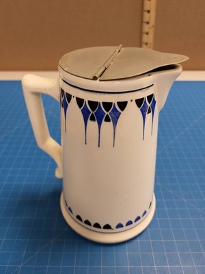 Art Deco Ceramic Pitcher Jug Hinged Metal Lid Blue Black Geometric Pattern 1811