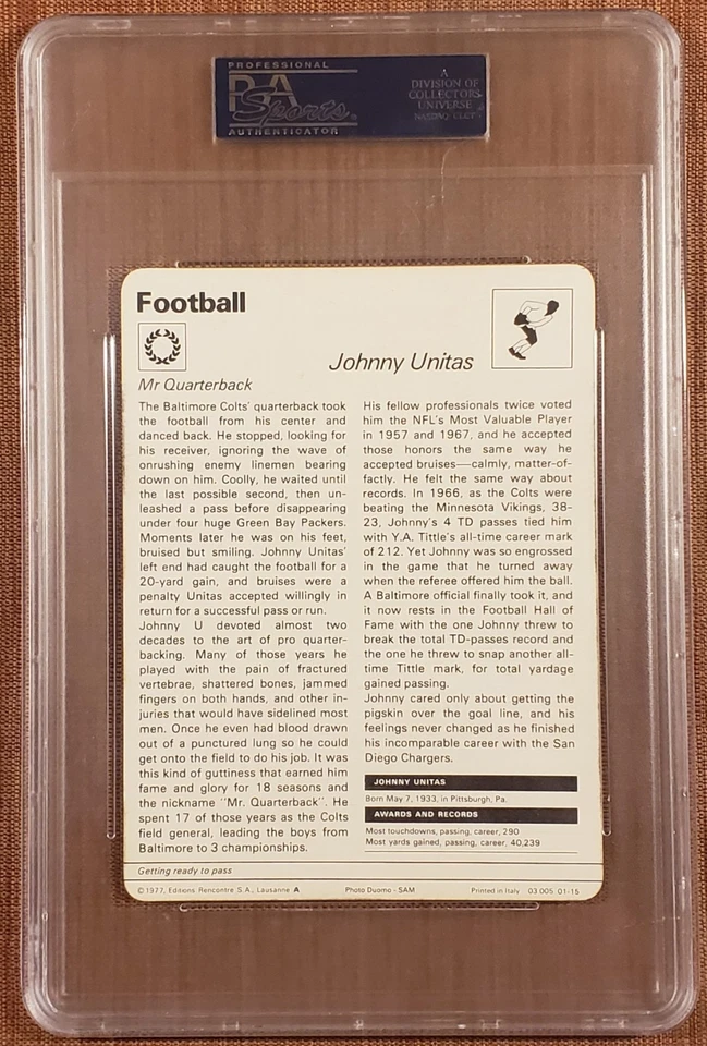 1977 Sportcaster 意大利 #01-15 Johnny Unitas Colts 足球卡 PSA 9 完好 — 第 2/3 张图片