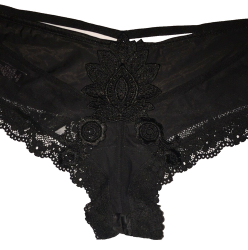 Victorias Secret Black Lace Applique Cheeky Panties Size M Very Sexy Sheer Back - Picture 7 of 11