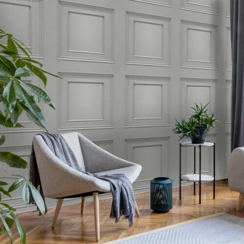Oliana Panel Realistic Wood Belgravia Wallpaper Grey 8492 3D Effect Shading - Picture 1 of 2