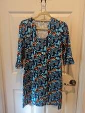 Katherine Way Ladies Sz XS, 3/4 Ruffled Sleeve Dress w/Blue Wavy Pattern