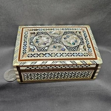 Vtg Wooden Inlay Marquetry Hinged Trinket Jewelry Box Abalone Mother of Pearl