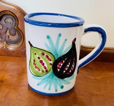 Vietri Hand Painted Fig Leaves Blue Rimmed Ceramic Cup Made in Italy MUG