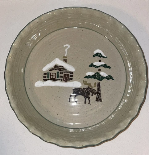 Sonoma ' LODGE ' 10" Quiche / Pie baking plate. CABIN  MOOSE  SNOW COVERED PINES