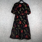 Desigual Dress Womens Medium Black Velvet Puff Sleeve Floral A-Line Midi NEW